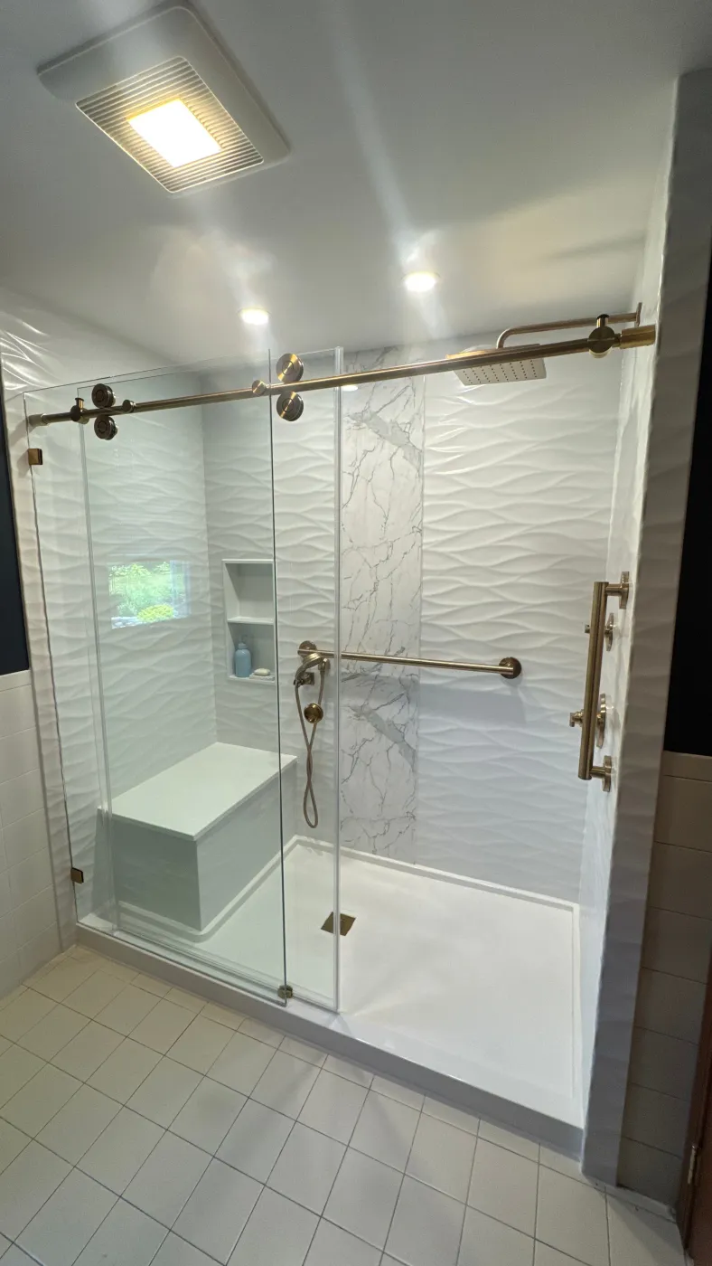 White Scalloped BCI Elite Acrylic Walls Santorini marble Inlay Champagne Bronze MA 